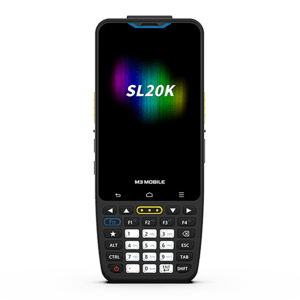 [L2KX4C-T2CWAS-HF-01] M3 Mobile SL20K with 4-inch display, 2D imager, Android, 4GB RAM, 64GB storage, 4G LTE, Wi-Fi, Bluetooth, NFC, 13MP/5MP cameras, IP65, 30-key numeric keypad, includes hand-strap and protective foil.