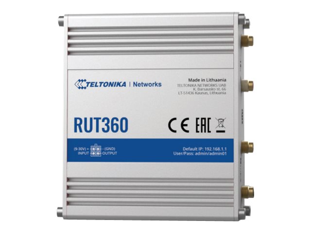 [RUT360000000] Industrial Cellular Router | RUT360 LTE CAT6 | 1 x LAN ports, 10/100 Mbps, compliance with IEEE 802.3, IEEE 802.3u standards, supports auto MDI/MDIX crossover Mbit/s | Ethernet LAN (RJ-45) ports 2 x RJ45 ports, 10/100 Mbps | Mesh Support No | MU-MiMO Yes | 3G/4G data sharing | Antenna type 2 x SMA for LTE, 2 x RP-SMA for WiFi